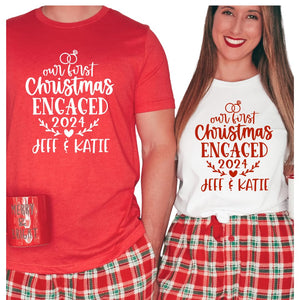 Personalized Our First Christmas Engaged Shirt – Newly Engaged Couple Holiday Shirt, His and Hers Matching Pajama Top, Fiancé Gift Multicolor