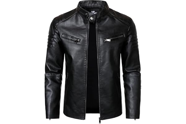 HOOD CREW Men’s Faux Leather Motorcycle Jackets Stand-up Collar Leather Jacket Vintage Coats Outwear