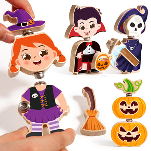 HUZU Halloween Snap Together Dress Up Building Blocks Toys, Witch Vampire Skeleton Pumpkin Take Apart Characters, 3 4 5 6 7 8 Years Old Kids Wooden Puzzle, STEM Fine Motor Skill Halloween Party Gift