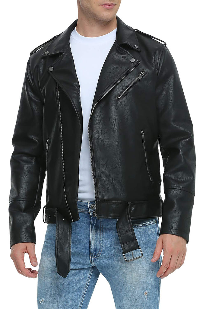 Fahsyee Leather Jackets for Men, Faux Bomber Jacket Mens Motorcycle Lapel Asymmetric Zip-Up Belt Slim Fit Biker Coat