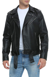 Fahsyee Leather Jackets for Men, Faux Bomber Jacket Mens Motorcycle Lapel Asymmetric Zip-Up Belt Slim Fit Biker Coat