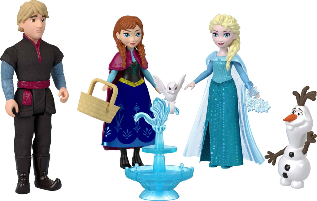 Mattel Disney Frozen Toys, Small Doll 4-Pack with Anna, Elsa, Kristoff & Olaf, Plus Fountain and 3 Storytelling Accessories, Inspired by Movie