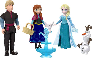 Mattel Disney Frozen Toys, Small Doll 4-Pack with Anna, Elsa, Kristoff & Olaf, Plus Fountain and 3 Storytelling Accessories, Inspired by Movie