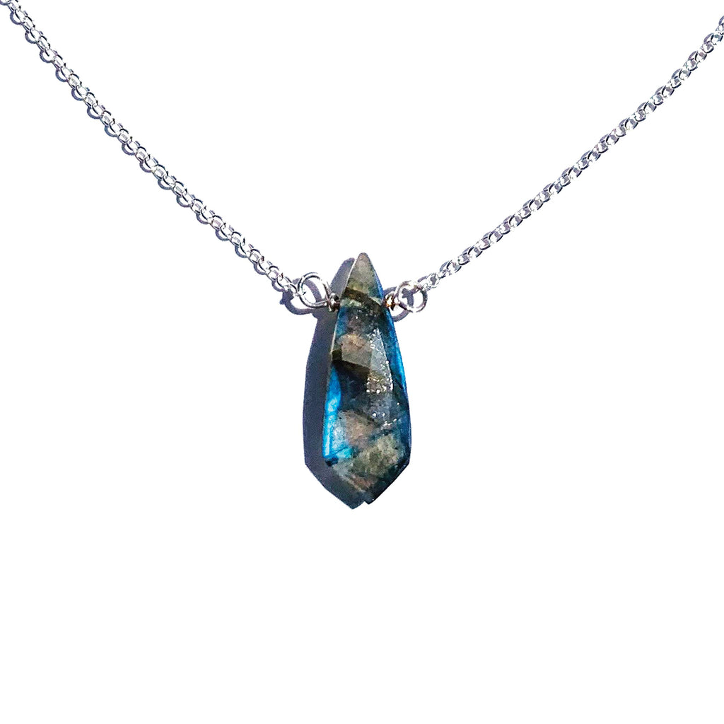 Joyfulmuze Labradorite Arrow Head Pendant Necklace, March Birthstone Gift, Healing Chakra Protector, Handmade Sterling Silver Necklace, Natural Faceted Gemstone Boho Minimal Jewelry, 18 inch long
