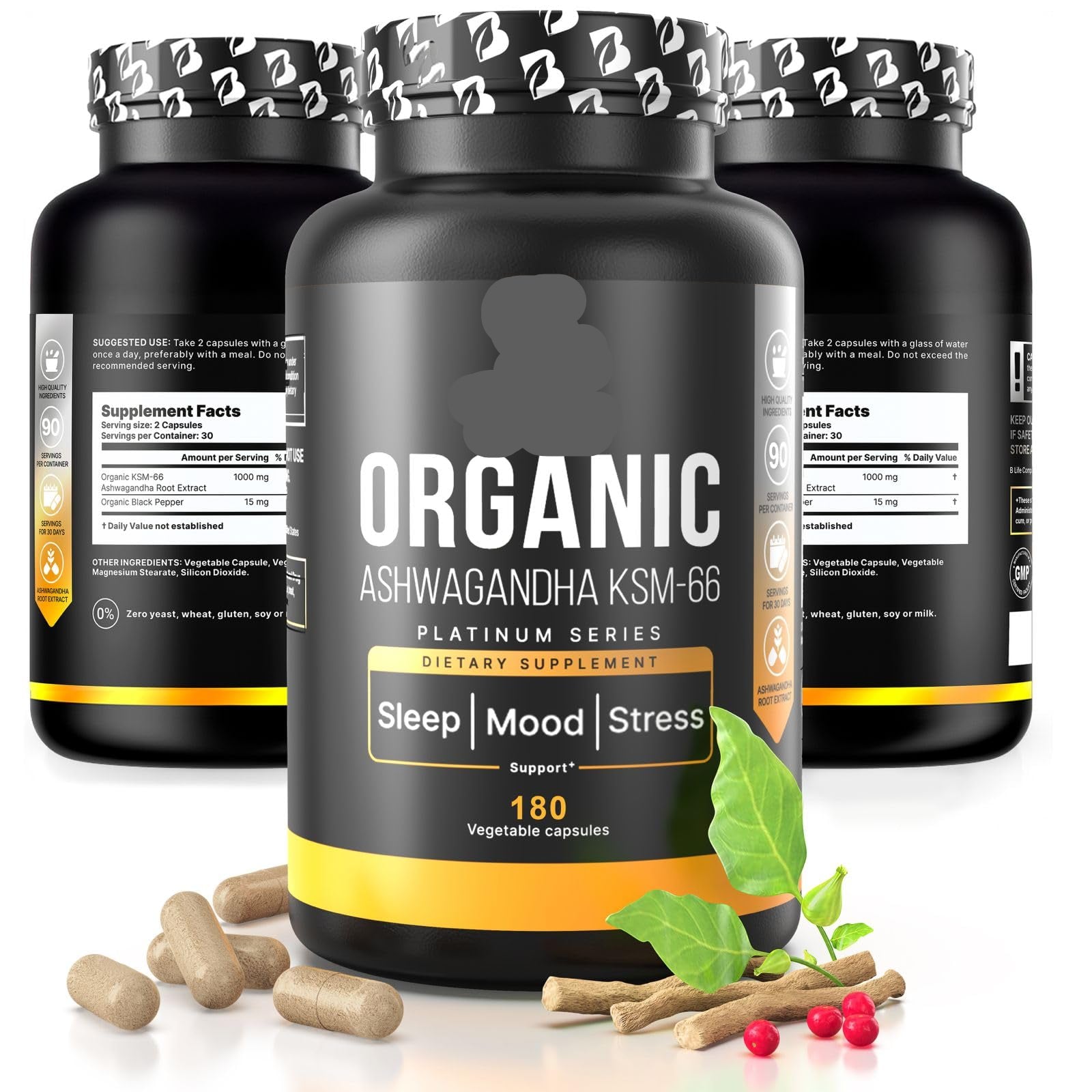 Supplement bottle labeled 'Life Organic Ashwagandha KSM-66' with capsules and herbs on a white background