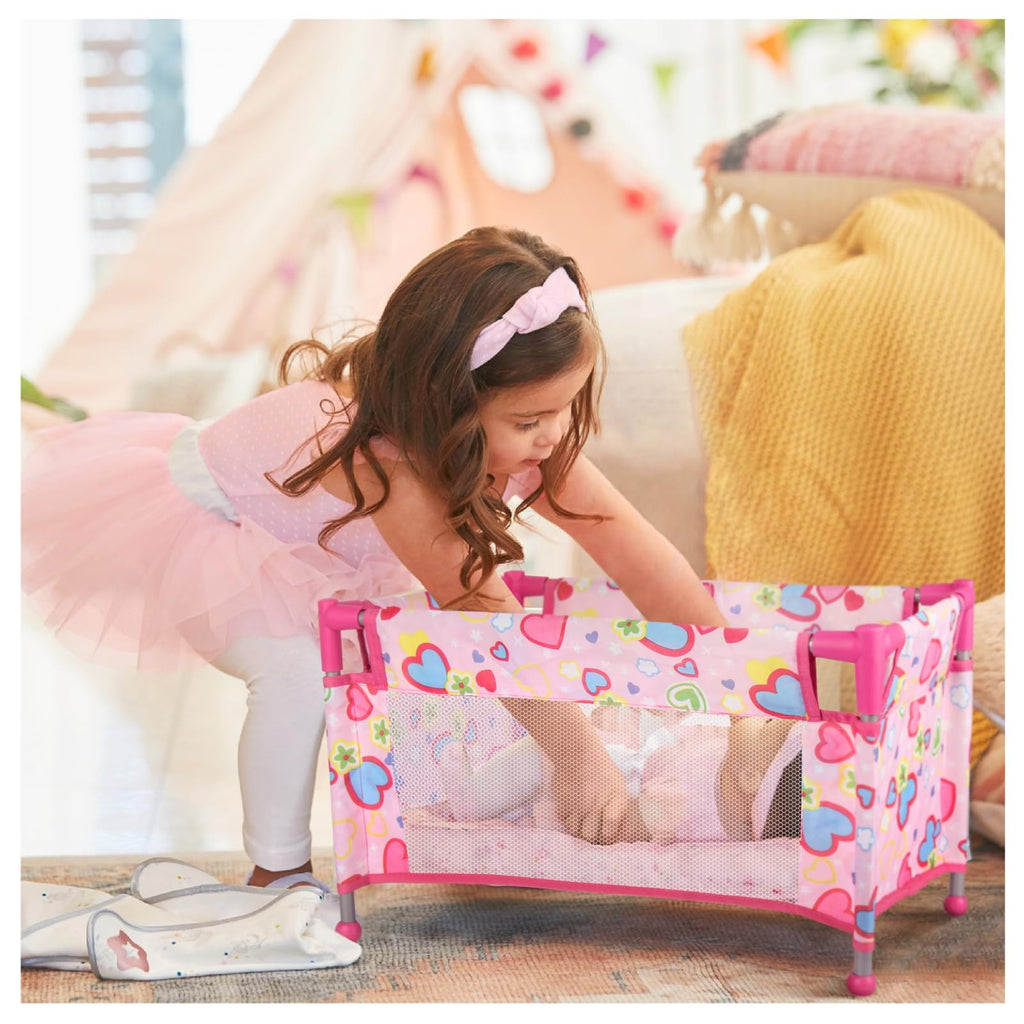 Toy Baby Doll Crib for 18'' Dolls, Cute Pink Heart Designed Baby Doll Bed with Carry Bag, Toy Crib Doll Furniture for 3 Years+ Girls