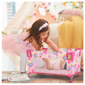 Toy Baby Doll Crib for 18'' Dolls, Cute Pink Heart Designed Baby Doll Bed with Carry Bag, Toy Crib Doll Furniture for 3 Years+ Girls