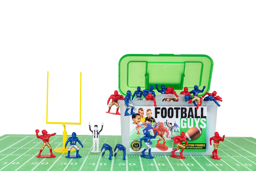 Kaskey Kids Football Guys, Red Gold vs. Blue Silver, 30 Pieces in Each Set, Includes 2 Teams, Accessories, and Travel Storage Case, Nostalgic Sports Action Figures for Imaginative Play, Ages 3 and Up
