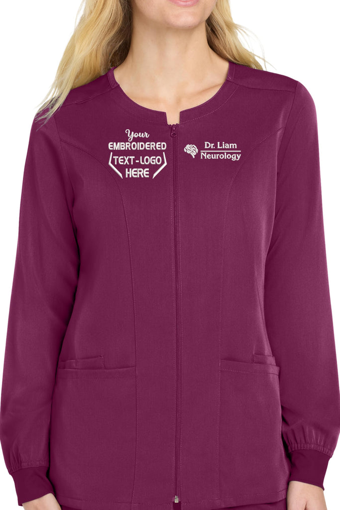 Women's Custom Embroidered Full-Zip Scrub Jacket, Personalized Comfortable Nurse Jacket with Text and Logo, Modern Fit Zip-Up Scrubs, Rib Knit Cuffs, Badge Loop, Side Vents, Lightweight and Stretchy