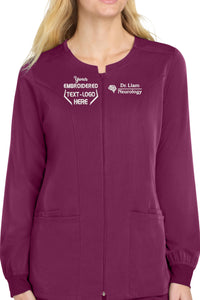 Women's Custom Embroidered Full-Zip Scrub Jacket, Personalized Comfortable Nurse Jacket with Text and Logo, Modern Fit Zip-Up Scrubs, Rib Knit Cuffs, Badge Loop, Side Vents, Lightweight and Stretchy