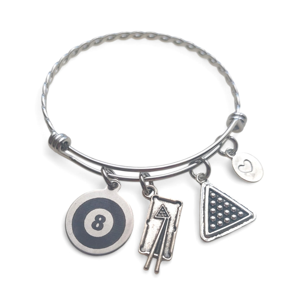 Billiards Charm Bracelet Shoot Pool Player 8 Ball Braided Stainless Steel Expandable Bangle
