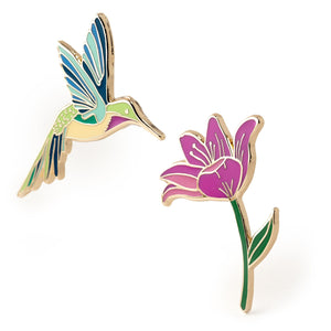 Hummingbird & Pink Lily Flower Lapel Pin 2-Piece Set, Garden Flower Bird Gifts, Nature Gifts