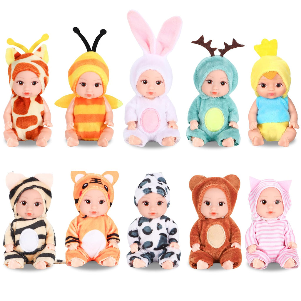 10 Pcs 4 Inch Mini Baby Dolls Playset with Handmade Animal Clothes - Reborn Baby Dolls Realistic Open Eye Design Role Play Toys for Girls Boys, Christmas Easter Gift