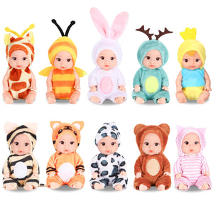 10 Pcs 4 Inch Mini Baby Dolls Playset with Handmade Animal Clothes - Reborn Baby Dolls Realistic Open Eye Design Role Play Toys for Girls Boys, Christmas Easter Gift