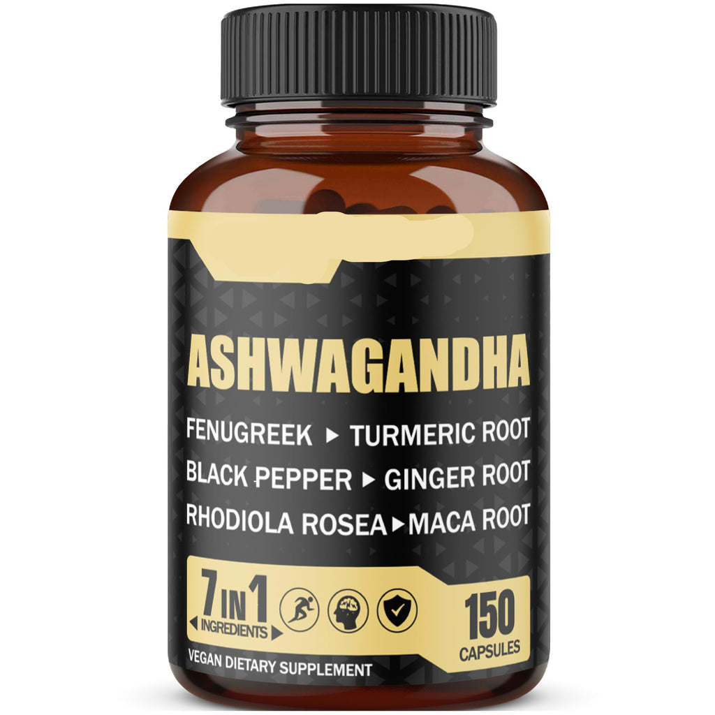 Supplement bottle labeled 'Ashwagandha' with ingredients listed on a white background