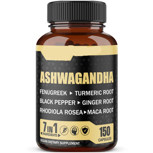 Supplement bottle labeled 'Ashwagandha' with ingredients listed on a white background