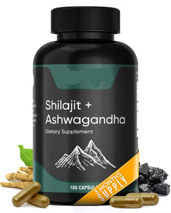 Supplement bottle labeled 'Shilajit + Ashwagandha' by Refined Root with capsules and herbs on a white background.