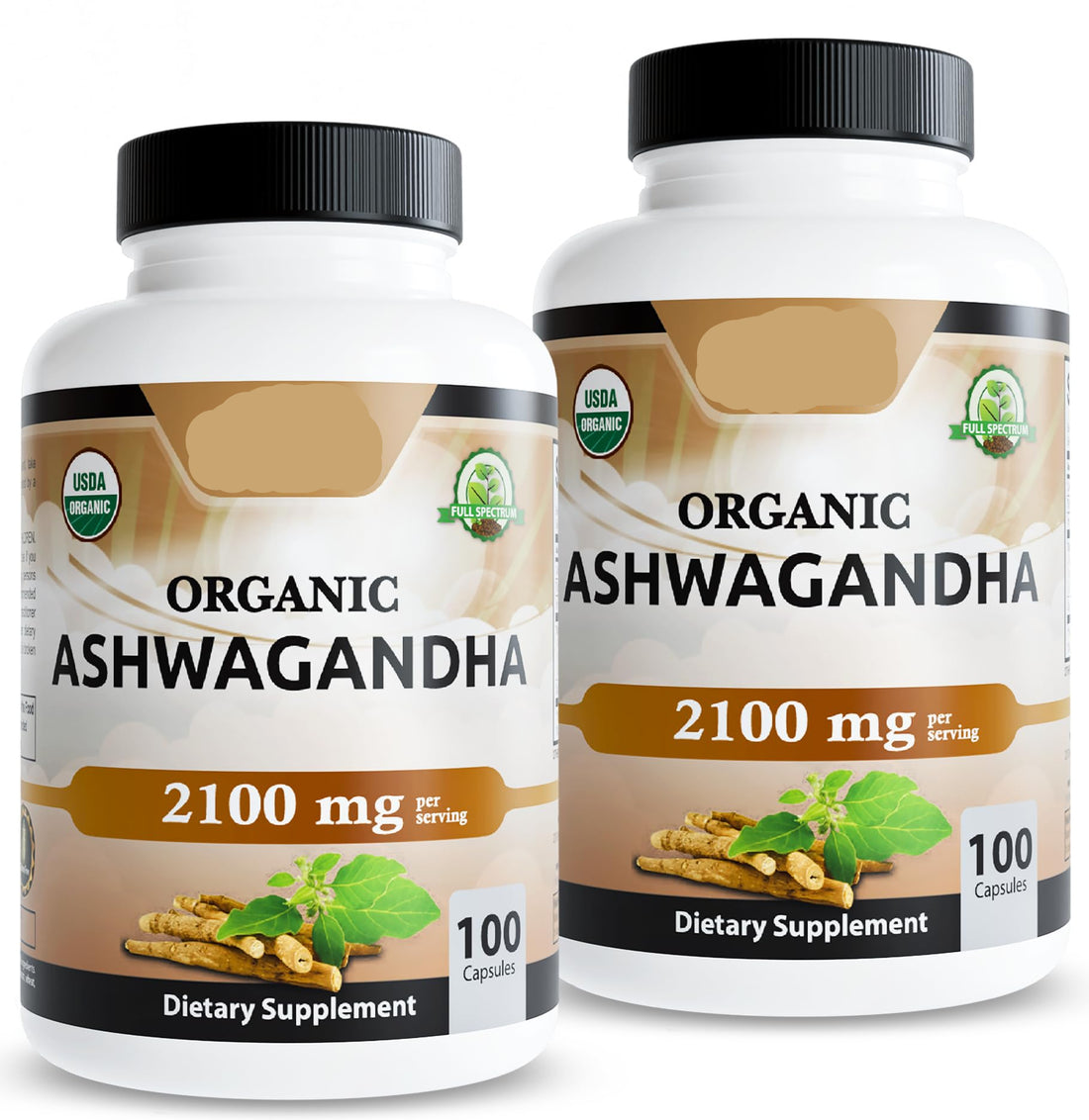 Two bottles of Organic Ashwagandha dietary supplements from Natural Life Labs on a white background.