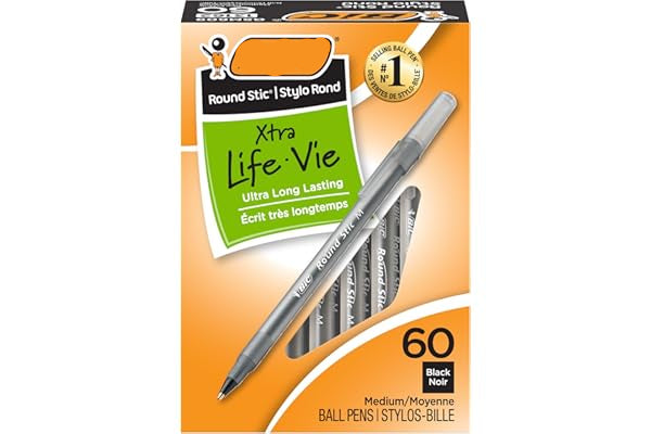 Box of BIC Round Stic ballpoint pens with promotional text on an orange background