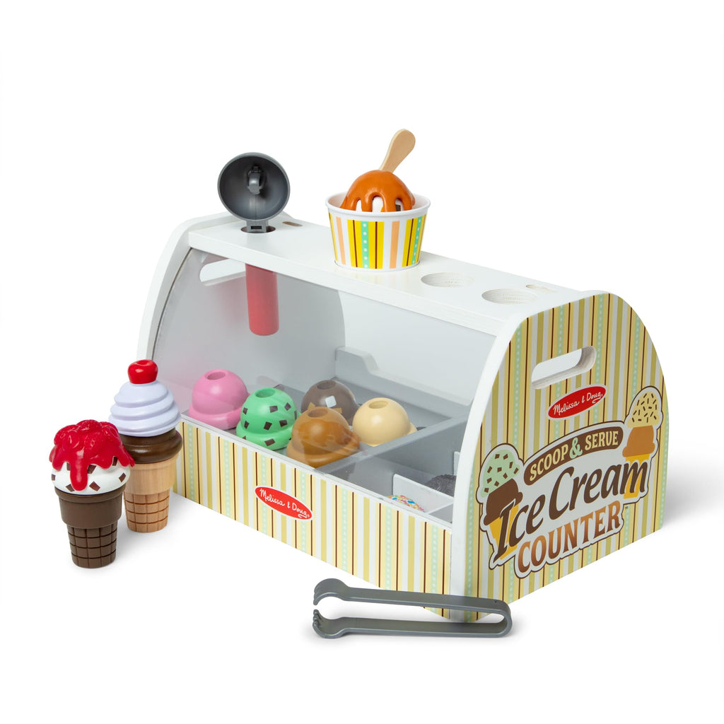 Melissa & Doug Wooden Scoop & Serve Ice Cream Counter, Pretend Play Store, 28 Toy Food & Play Kitchen Accessories, Preschool Toys for Girls & Boys 3+