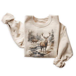 Vintage Deer Wilderness Scene - 90s Vintage Deer Sweatshirt - Scenic Winter Nature Sweater - Unisex Graphic Crewneck Sweatshirt