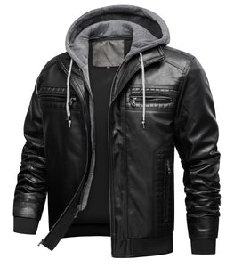 INVACHI Men's Leather Jacket Motorcycle Bomber Jacket Windproof PU Vintage Jacket with Removable Hood