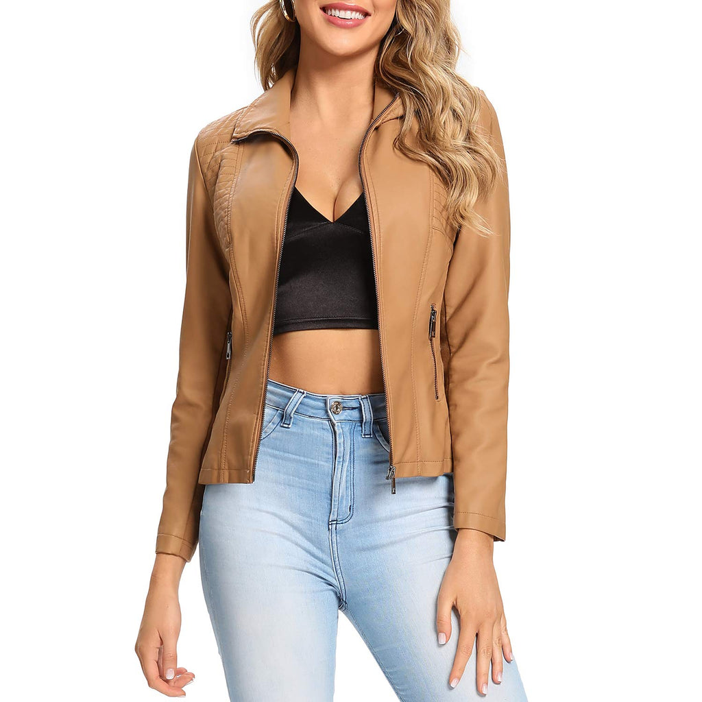 S P Y M Womens Faux Leather Jacket, Casual Fashion Quilted Zip Up Suede Coat With Elastic Rib