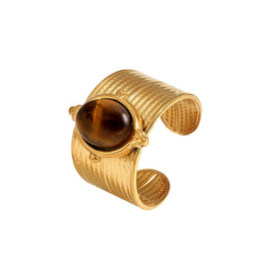 ArixGlvm Tigers Eye Ring for Women and Men, Adjustable Chunky Gold Ring with Oval Natural Tiger Eye Stone, 18K Gold Plated Stainless Steel Vintage Statement Ring