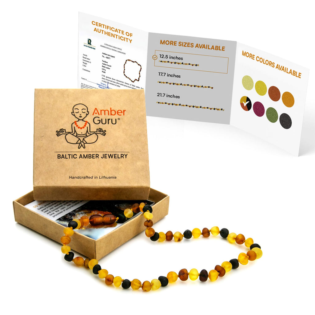 Amber Guru Baltic Amber Necklace (Authentic, Certified) - 12.5 inches - Unisex Jewelry - Multi (Raw/Unpolished) - Real Amber Beads - Proud to Deliver Genuine Baltic Sea Wonder Handcrafted