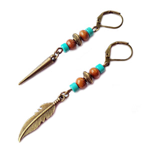 Bronze Pirate Men's Dangle Earring set of two Feather Spike - Native American Indian Bronze Single Feather Spike Lever back Earrings