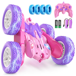 Remote Control Cars for Girls, 2.4GHz RC Stunt Car with 360° Flips & Double Sided Driving, Changeable Wheels, LED Headlights, Birthday Gift for 5-12 Year Old Girls (Pink)