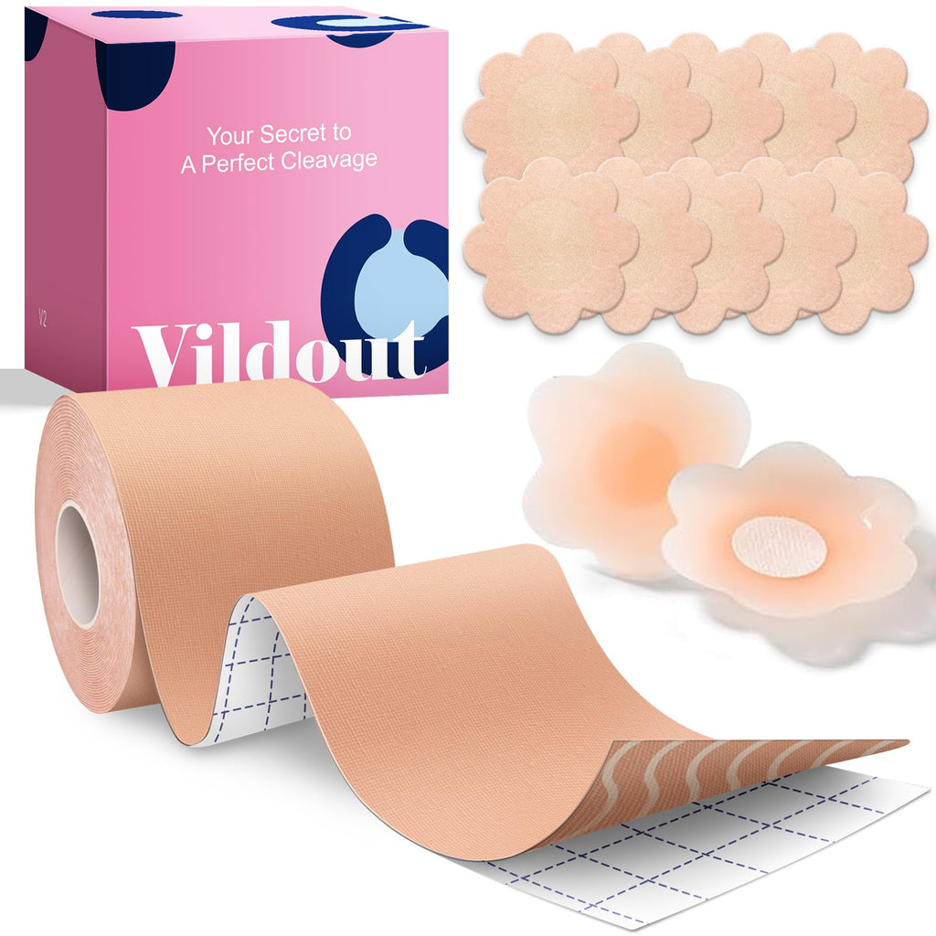 Vildout Boob Tape Kit - Boobtape for Breast Lift with Petals and Covers, Breathable Sticky Adhesive Bra Tape, Push Up Boobytape for Large Breasts A-G Cup Beige
