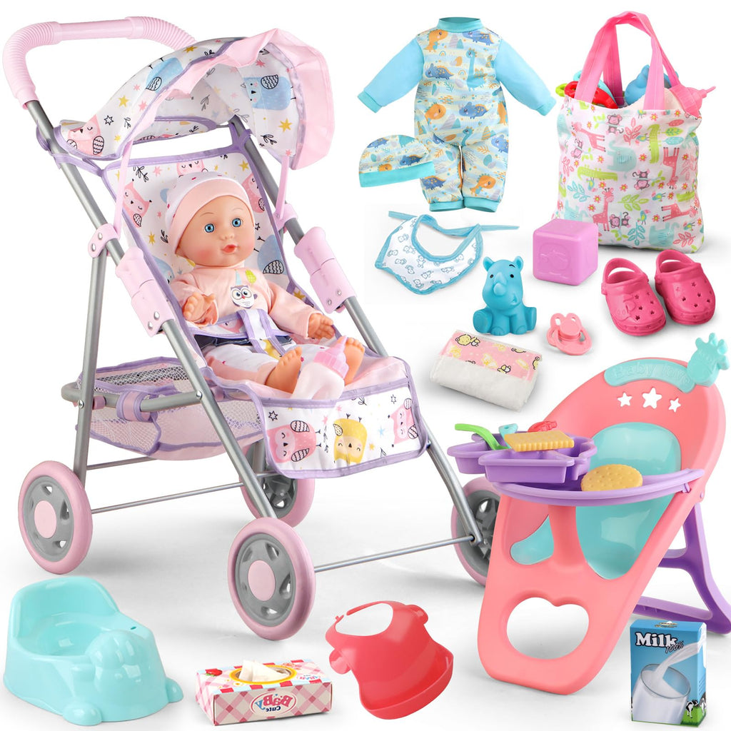 Baby Doll Stroller Play Set with 12.5" Baby Doll,Dining Chair, 2 Sets Clothes and 20 PCS Doll Accessories. Stroller Toy for 3, 4, 5, 6 Year Old Toddler Girls for Realistic Pretend Play.