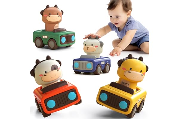 iPlay, iLearn Press to Go Car Toys for Toddlers 1-3, Baby Animal Racing Cars, Infant Play Vehicle Set, Baby Push Go Friction Car Toys for 6-9-12-18 Months, 1st Birthday Gifts for 1-2 Years Old Boys