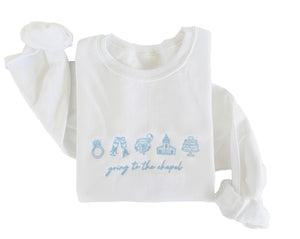 Up2ournecksinfabric, Bridal Wedding Sweatshirt, Going to the Chapel Design, White with Blue Embroidery
