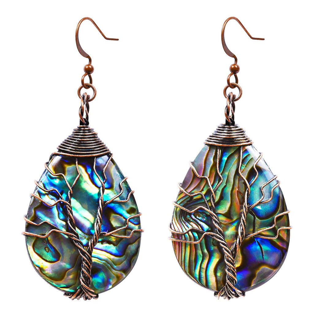 Desnuage Handmade Sea Abalone Shell Earrings Tree of Life Wrapped Dangle Teardrop Vintage Celtic Earrings for Women Fashion Trendy