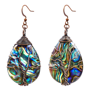 Desnuage Handmade Sea Abalone Shell Earrings Tree of Life Wrapped Dangle Teardrop Vintage Celtic Earrings for Women Fashion Trendy