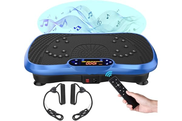 Vibration plate with remote control and earbuds on a white background