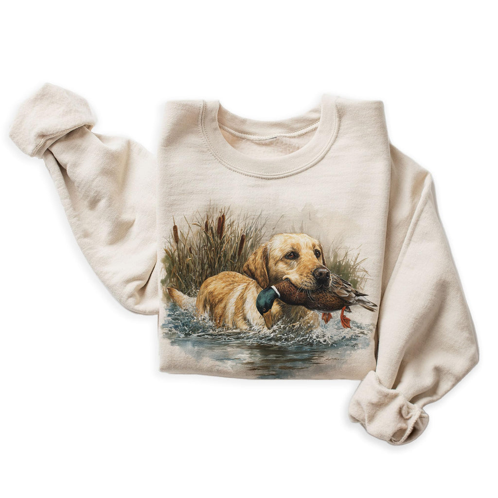 Vintage Golden Retriever Duck Hunting Dog Wilderness Scene Sweatshirt - 90s Retro Mallard Duck Hunter Outfit - Scenic Cozy Fall Autumn Nature Sweater - Unisex Graphic Crewneck Pullover