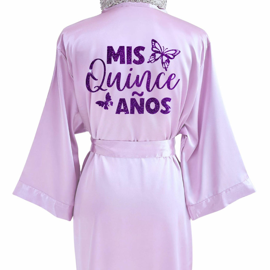 Personalized Lavender Satin Robe for Mis Quince Años, Sweet 15, or XV Birthday, Custom Glitter with Butterfly, Crown, or Tiara, Bata de Quinceañera for Girls, Damas, or Mama de Quince