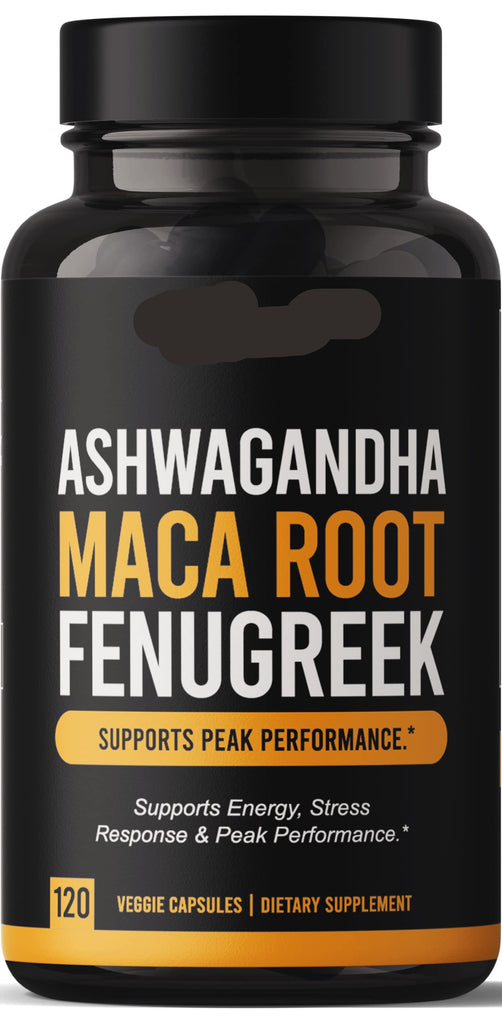 Supplement bottle labeled 'Ashwagandha Maca Root Fenugreek' by Natgrown on a white background