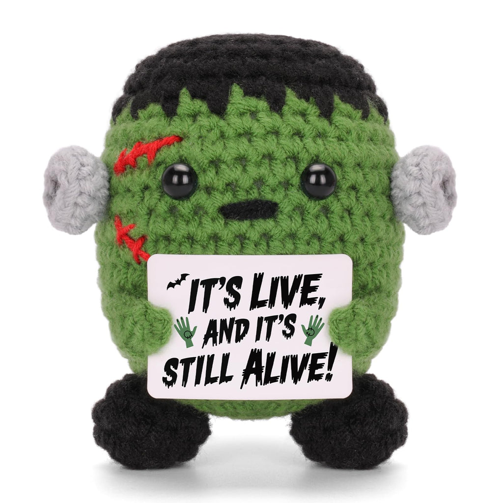Positive Crochet Halloween Stuffed Animals with Horror Messages Handmade Knitting Doll for Halloween Party Decoration Gifts (Green)