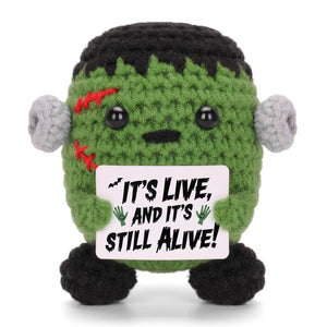 Positive Crochet Halloween Stuffed Animals with Horror Messages Handmade Knitting Doll for Halloween Party Decoration Gifts (Green)