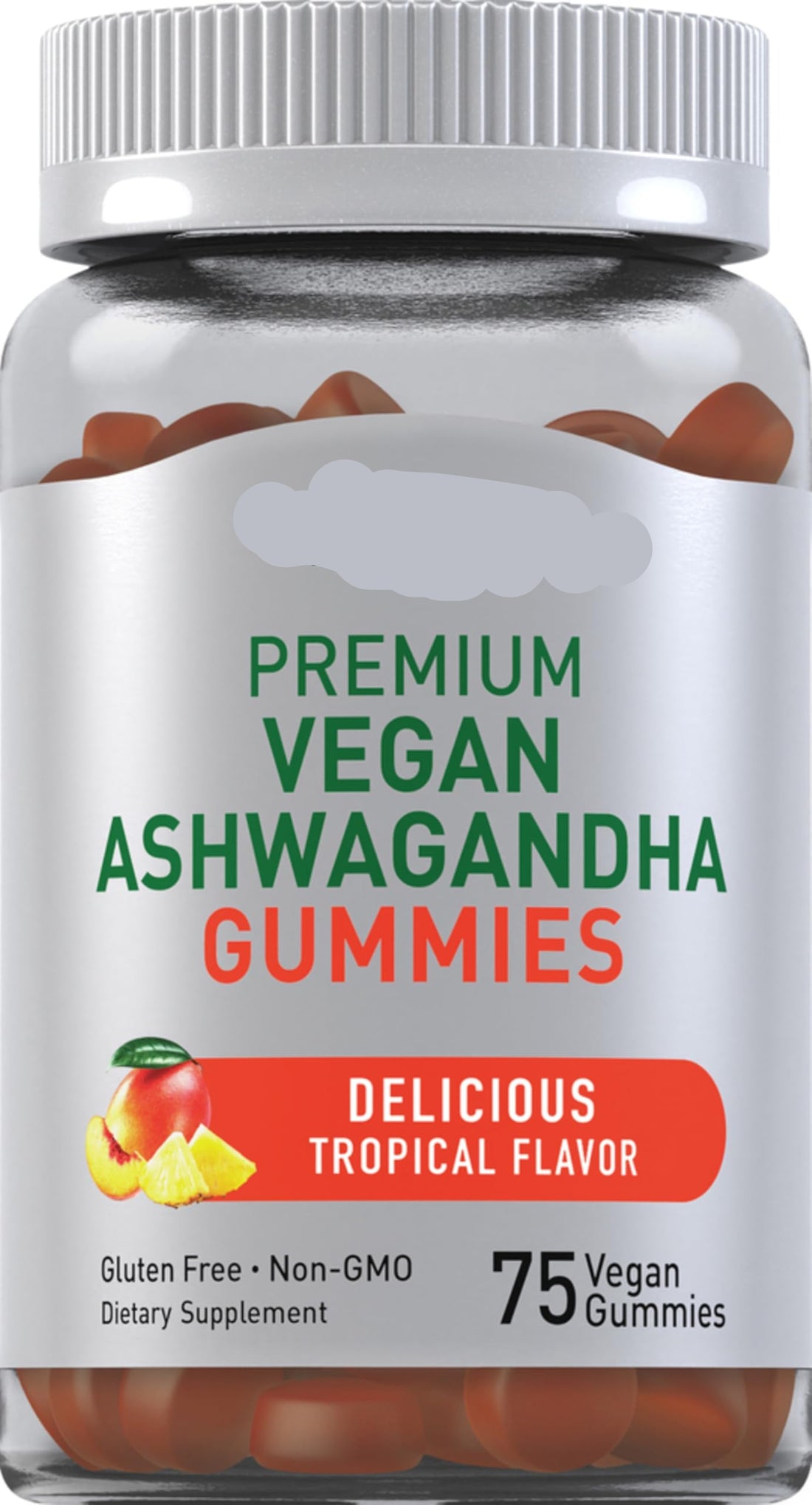 Jar of Piping Rock Premium Vegan Ashwagandha Gummies with a white lid.