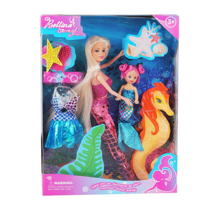 MIOKIDZFUN Princess Mermaid Dolls Playset, 12" Fashion Dress Doll with 4" Little Mermaid Seahorse Figurine and Accessories,Mermaid Toys Gifts for Girls Aged 3 4 5 6 7 8