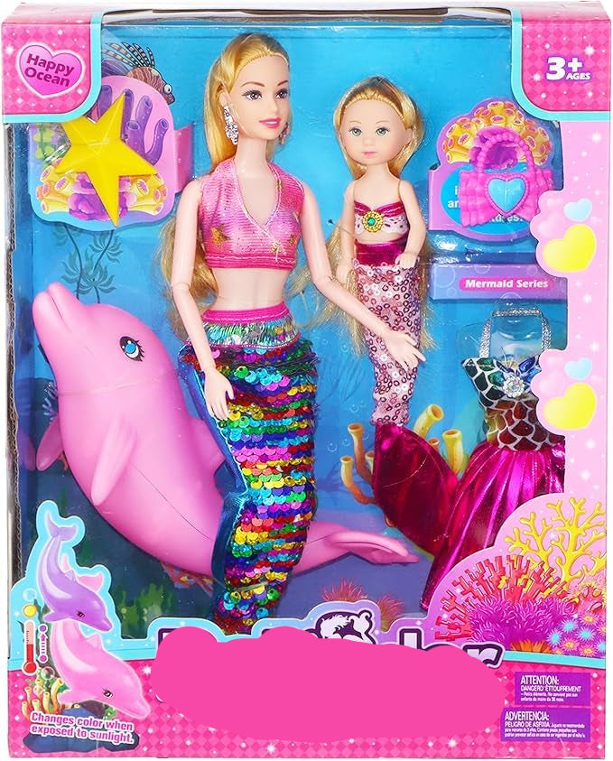 Mermaid-themed toy set with dolls and a dolphin in packaging, featuring the brand 'Baljinder'.