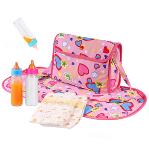 BABESIDE 5 Pcs Baby Diaper Bag Set with Magic Bottles, Baby Doll Accessories Includes Changing Mat, Diapers and Bottle with Disappearing Milk for 12-16 inches Dolls Kids Gift
