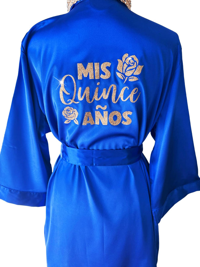 Joyma Belle Gifts Mis Quince Quinceañera Satin Robe, Personalized with Name and Date, Glitter Design with Tiara, Rose, Butterfly, or Crown Symbol, Pretty Bata de Quinceañeram Mis Quince Birthday Gift