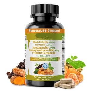 Supplement bottle labeled 'Menopause Support' with ingredients displayed on a white background
