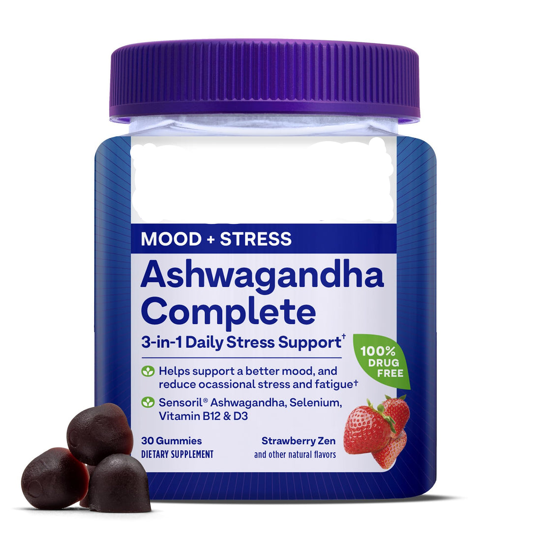 Natrol Ashwagandha Complete supplement bottle with gummies and strawberries on a white background